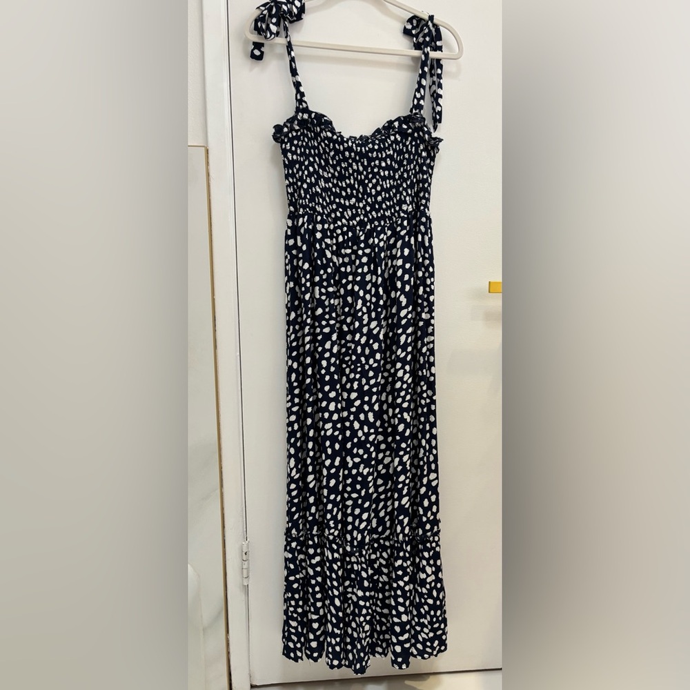 Elegant Navy Blue and White Polka Dot Dress